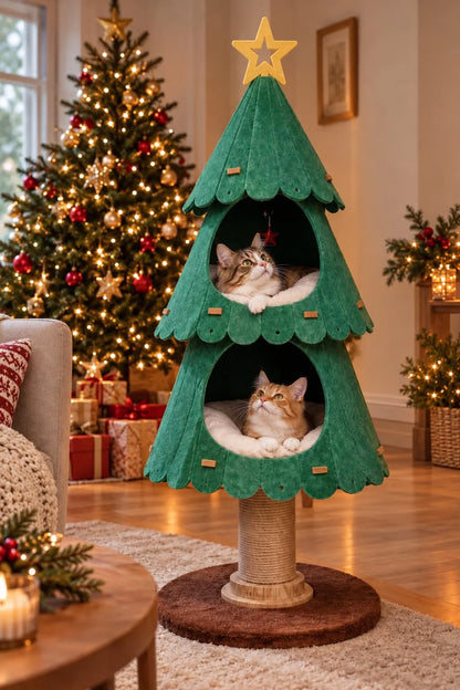 Cat tower featuring a festive Christmas tree design, 140 cm tall, made with scratch-resistant felt and a weighted base for stability, perfect for providing cats 0