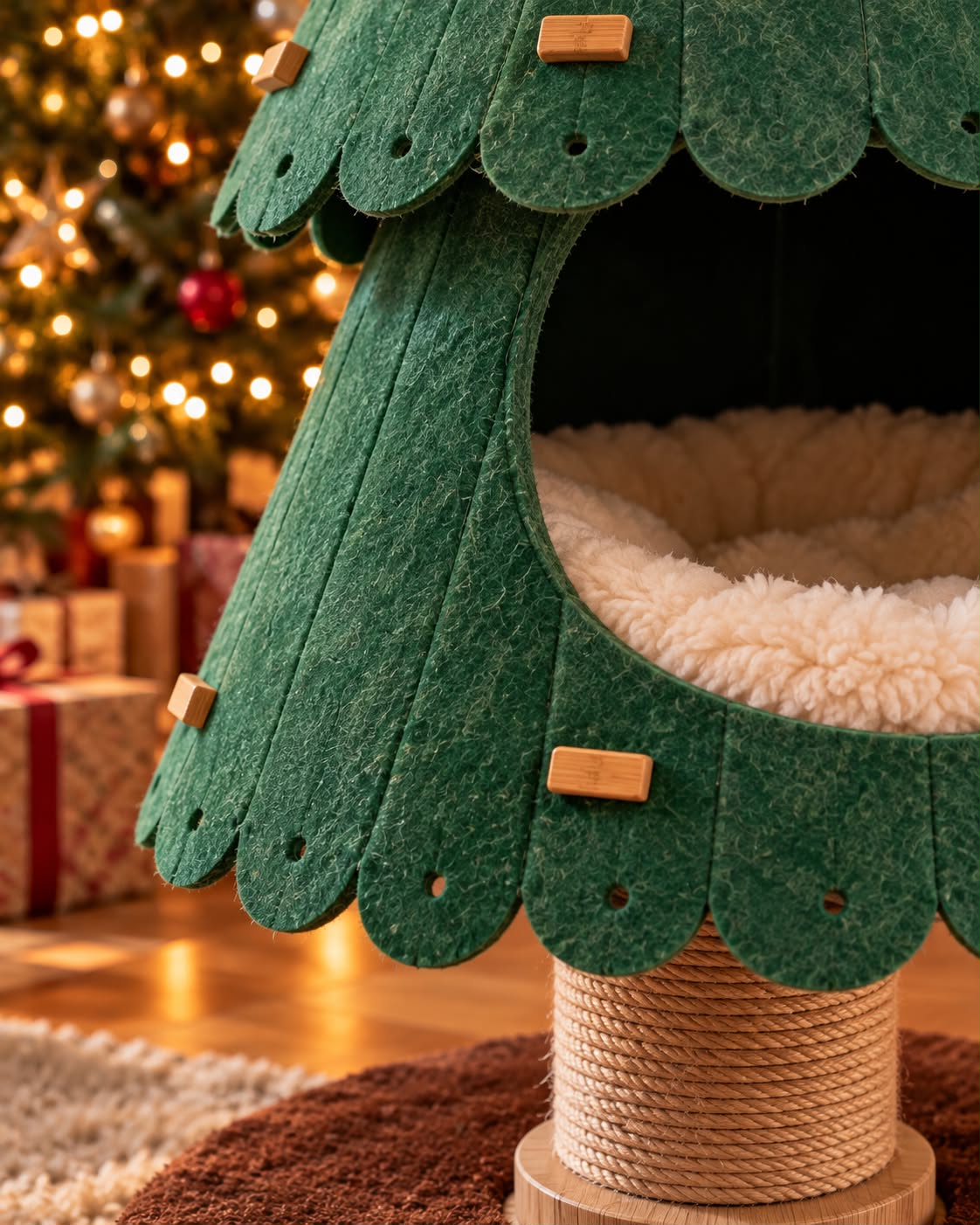 Cat tower featuring a festive Christmas tree design, 140 cm tall, made with scratch-resistant felt and a weighted base for stability, perfect for providing cats 1