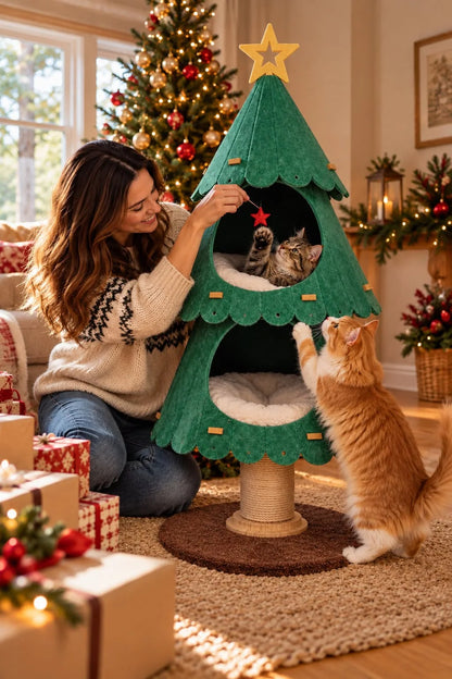 Cat tower featuring a festive Christmas tree design, 140 cm tall, made with scratch-resistant felt and a weighted base for stability, perfect for providing cats 3
