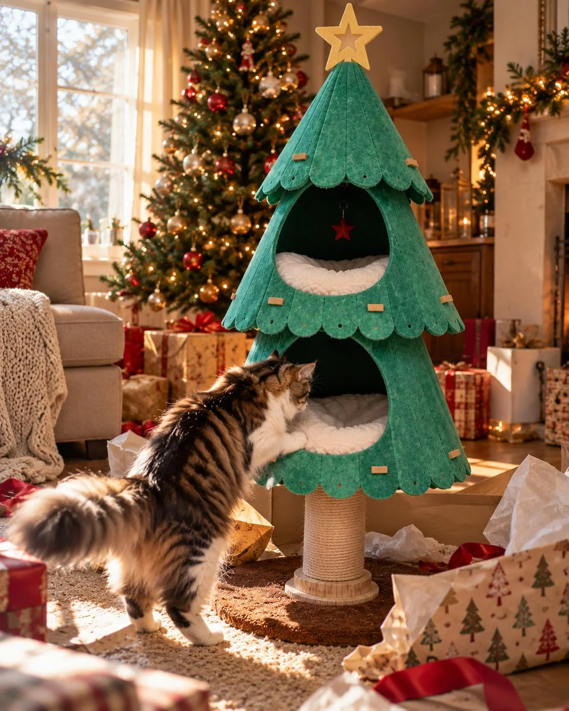 Cat tower featuring a festive Christmas tree design, 140 cm tall, made with scratch-resistant felt and a weighted base for stability, perfect for providing cats 4