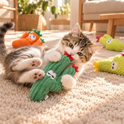 Cat toy featuring a cactus-inspired design, made of soft plush fabric and filled with catnip, perfect for indoor play. 0