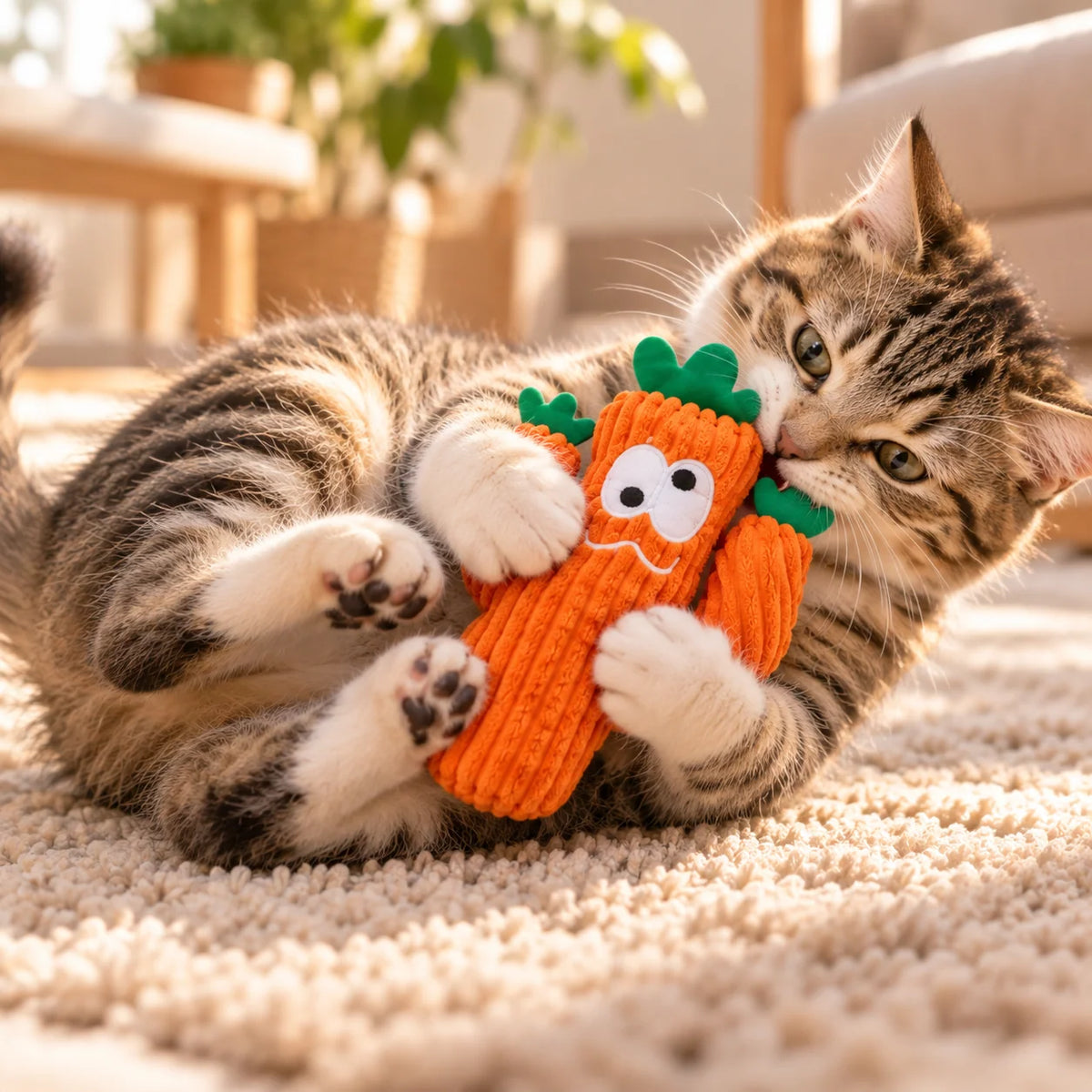 Cat toy featuring a cactus-inspired design, made of soft plush fabric and filled with catnip, perfect for indoor play. 2