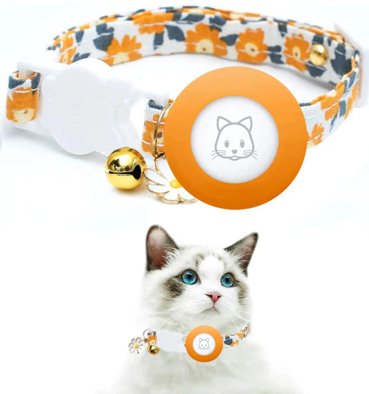 Cat Tracker Collar with Breakaway Safety Feature, Silicone AirTag Holder, and Bell – Adjustable Nylon Cat GPS Tracker 0