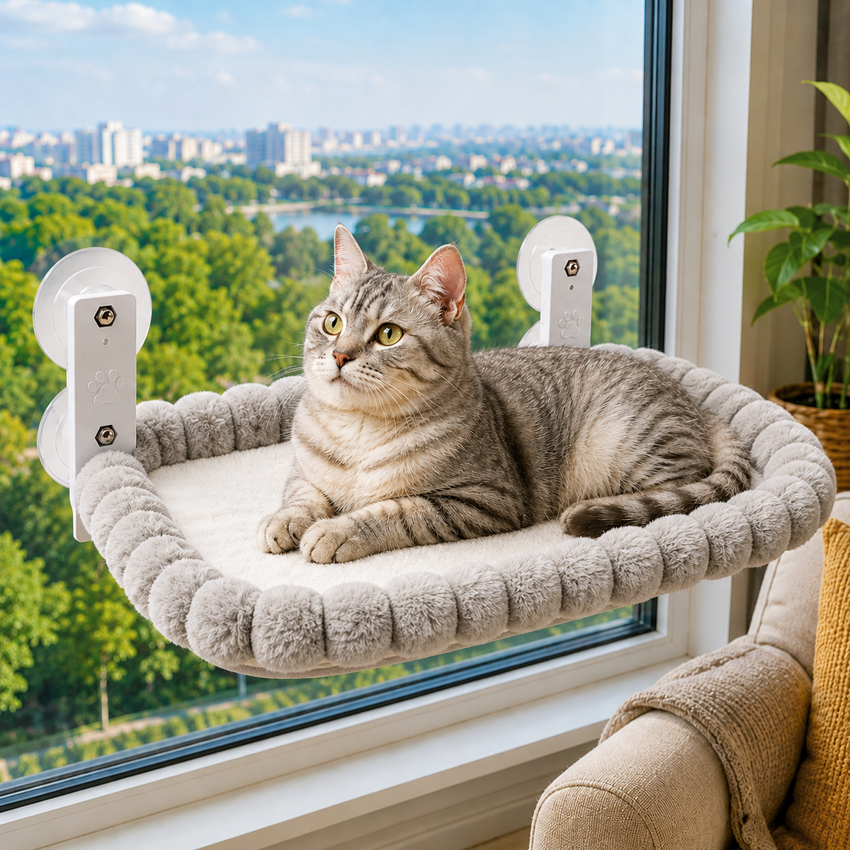 Cat window hammock featuring no-drill suction cups, designed for indoor cats with a space-saving breathable mesh design, providing a comfortable perch for sunny spots. 0
