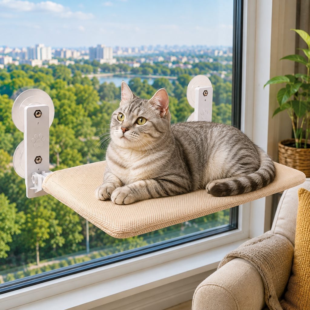Cat window hammock featuring no-drill suction cups, designed for indoor cats with a space-saving breathable mesh design, providing a comfortable perch for sunny spots. 1