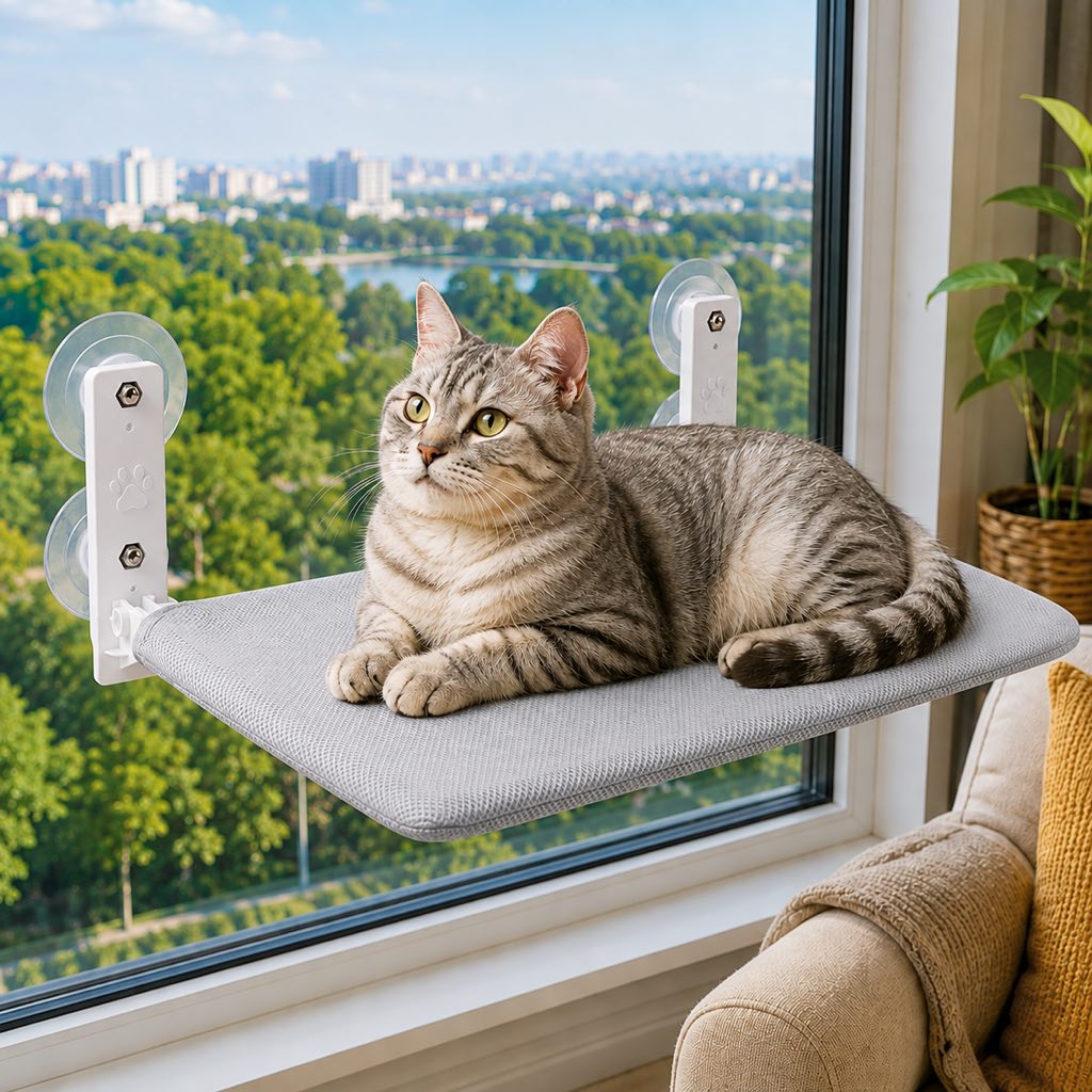 Cat window hammock featuring no-drill suction cups, designed for indoor cats with a space-saving breathable mesh design, providing a comfortable perch for sunny spots. 10
