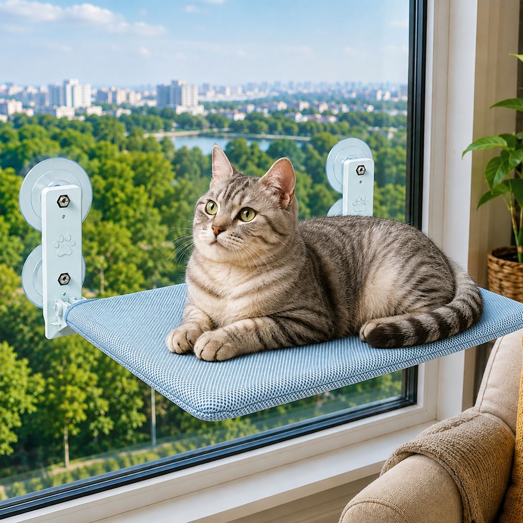 Cat window hammock featuring no-drill suction cups, designed for indoor cats with a space-saving breathable mesh design, providing a comfortable perch for sunny spots. 12