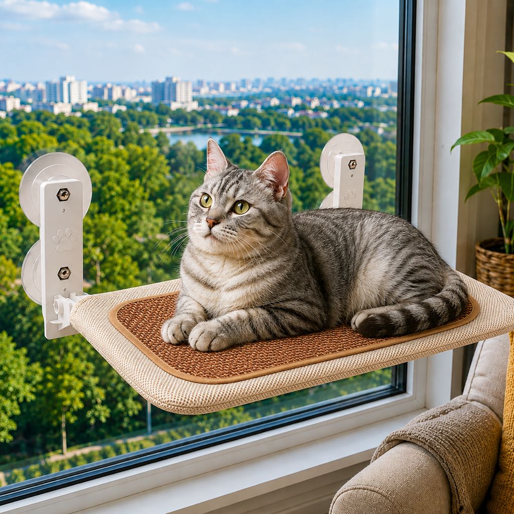 Cat window hammock featuring no-drill suction cups, designed for indoor cats with a space-saving breathable mesh design, providing a comfortable perch for sunny spots. 13
