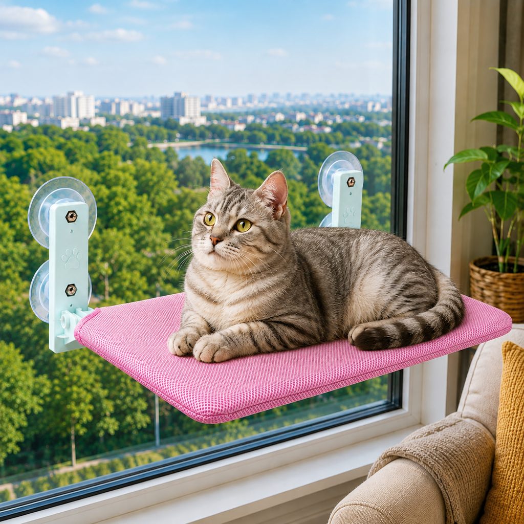 Cat window hammock featuring no-drill suction cups, designed for indoor cats with a space-saving breathable mesh design, providing a comfortable perch for sunny spots. 14