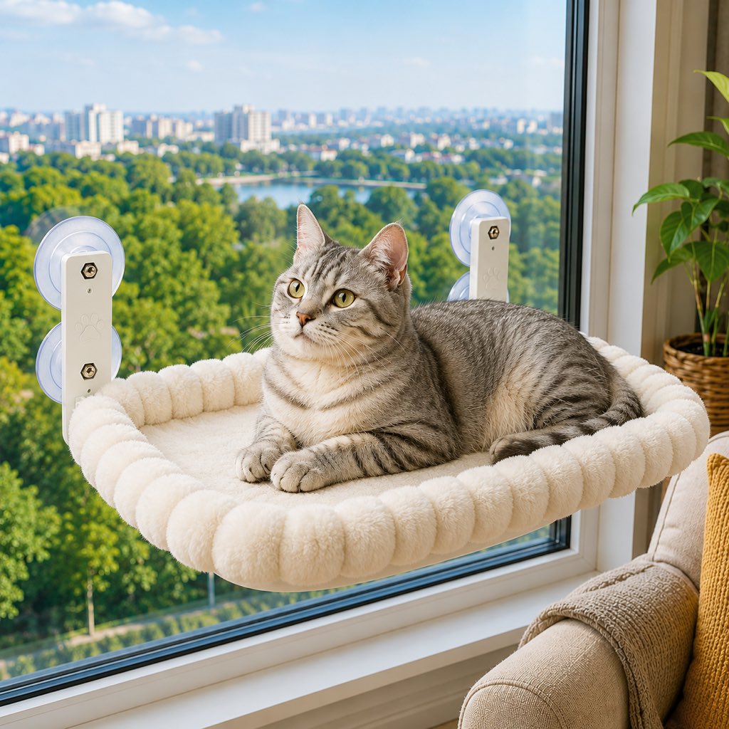 Cat window hammock featuring no-drill suction cups, designed for indoor cats with a space-saving breathable mesh design, providing a comfortable perch for sunny spots. 15