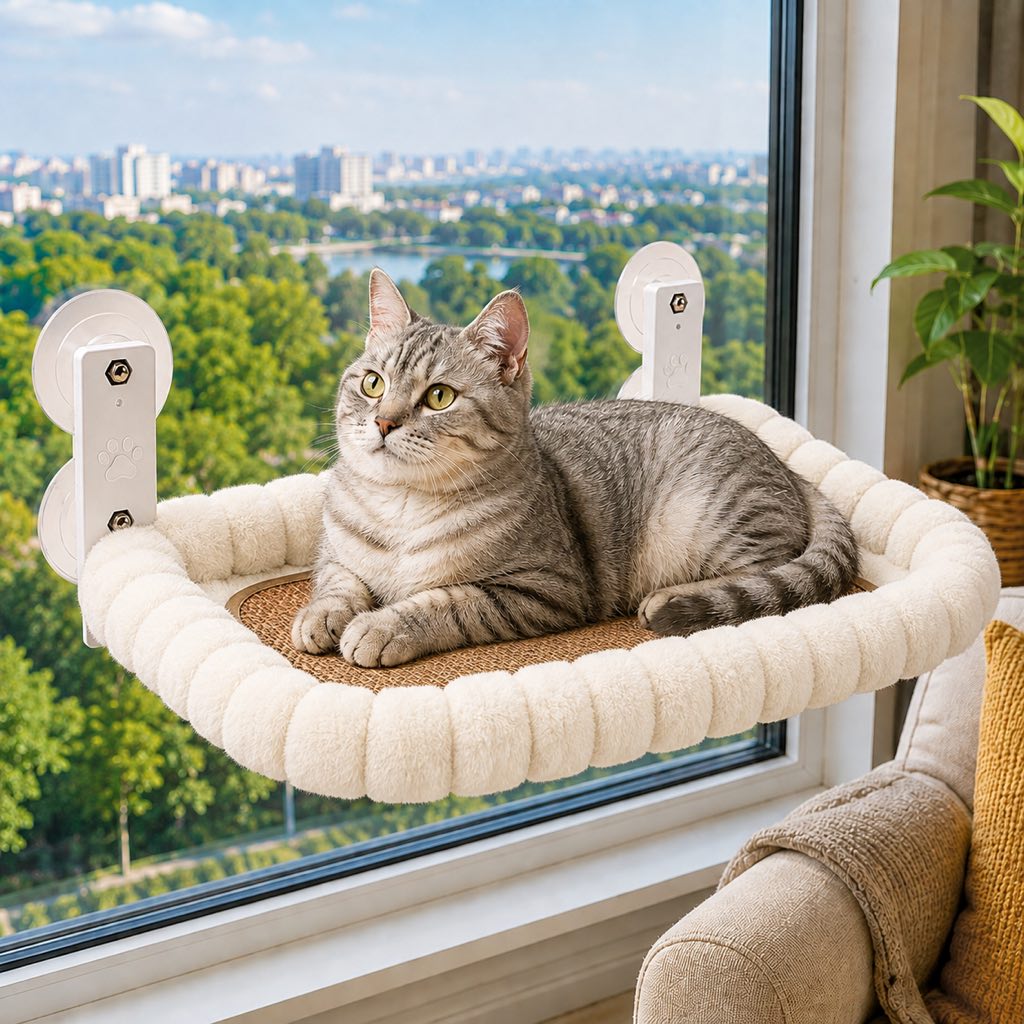Cat window hammock featuring no-drill suction cups, designed for indoor cats with a space-saving breathable mesh design, providing a comfortable perch for sunny spots. 16