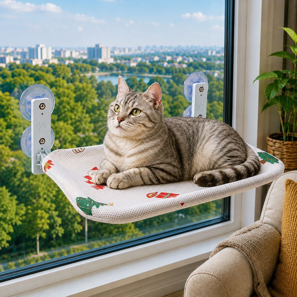 Cat window hammock featuring no-drill suction cups, designed for indoor cats with a space-saving breathable mesh design, providing a comfortable perch for sunny spots. 9