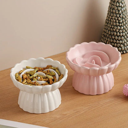 Ceramic Slow Feeder Dog Bowl and Elevated Cat Bowl - Flower Shaped Design for Healthy Eating 4