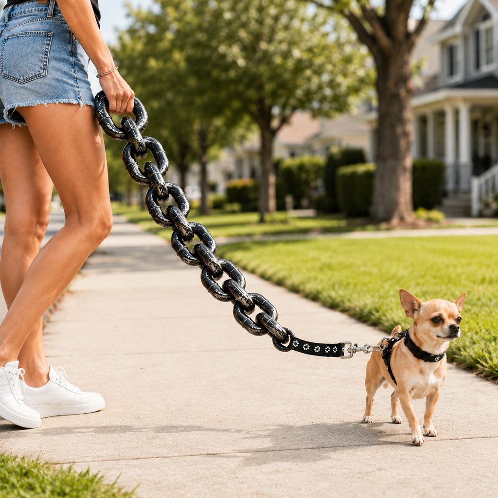 Chain-Look Dog Leash and Collar Set for Small Dogs featuring adjustable lengths in stylish black and silver, perfect for fashionable pet owners. 0