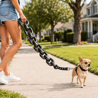 Chain-Look Dog Leash and Collar Set for Small Dogs featuring adjustable lengths in stylish black and silver, perfect for fashionable pet owners. 0