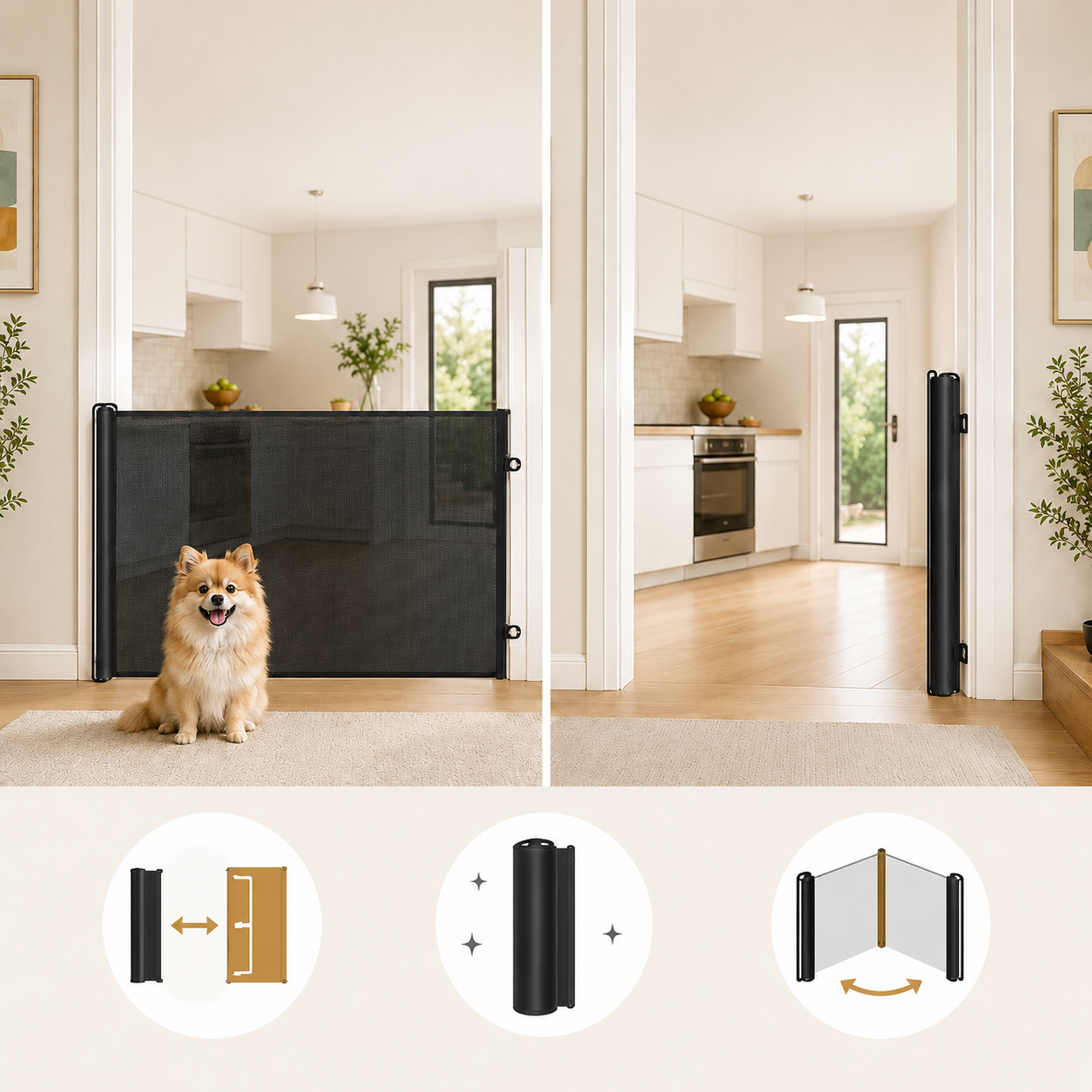 Retractable Pet Gate for Indoor Use with No-Drill Installation – Space-Saving Mesh Design for Dogs and Cats