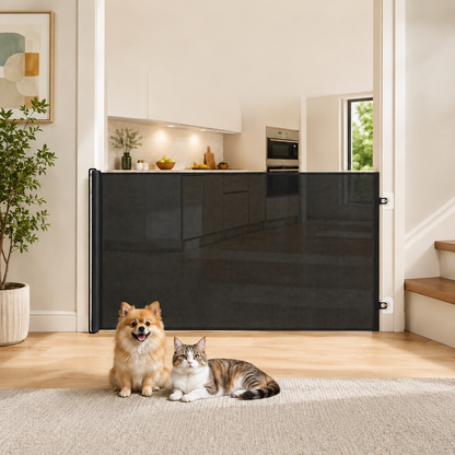 Retractable Pet Gate for Indoor Use with No-Drill Installation – Space-Saving Mesh Design for Dogs and Cats