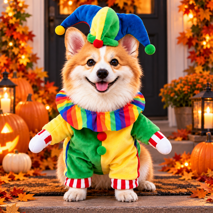 Dog Costume for Halloween with Jester Hat and Fake Arms