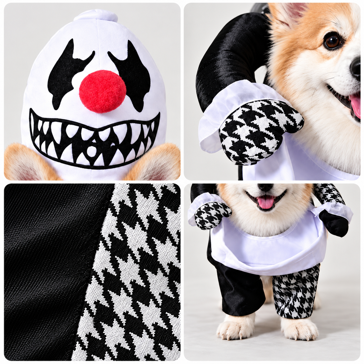 Creepy Clown Dog Costume with 3D Padded Arms – Polyester Halloween Outfit for Dogs in Black, White, and Red