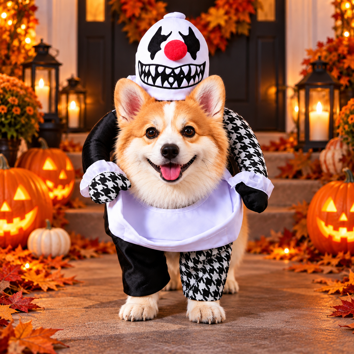 Creepy Clown Dog Costume with 3D Padded Arms – Polyester Halloween Outfit for Dogs in Black, White, and Red