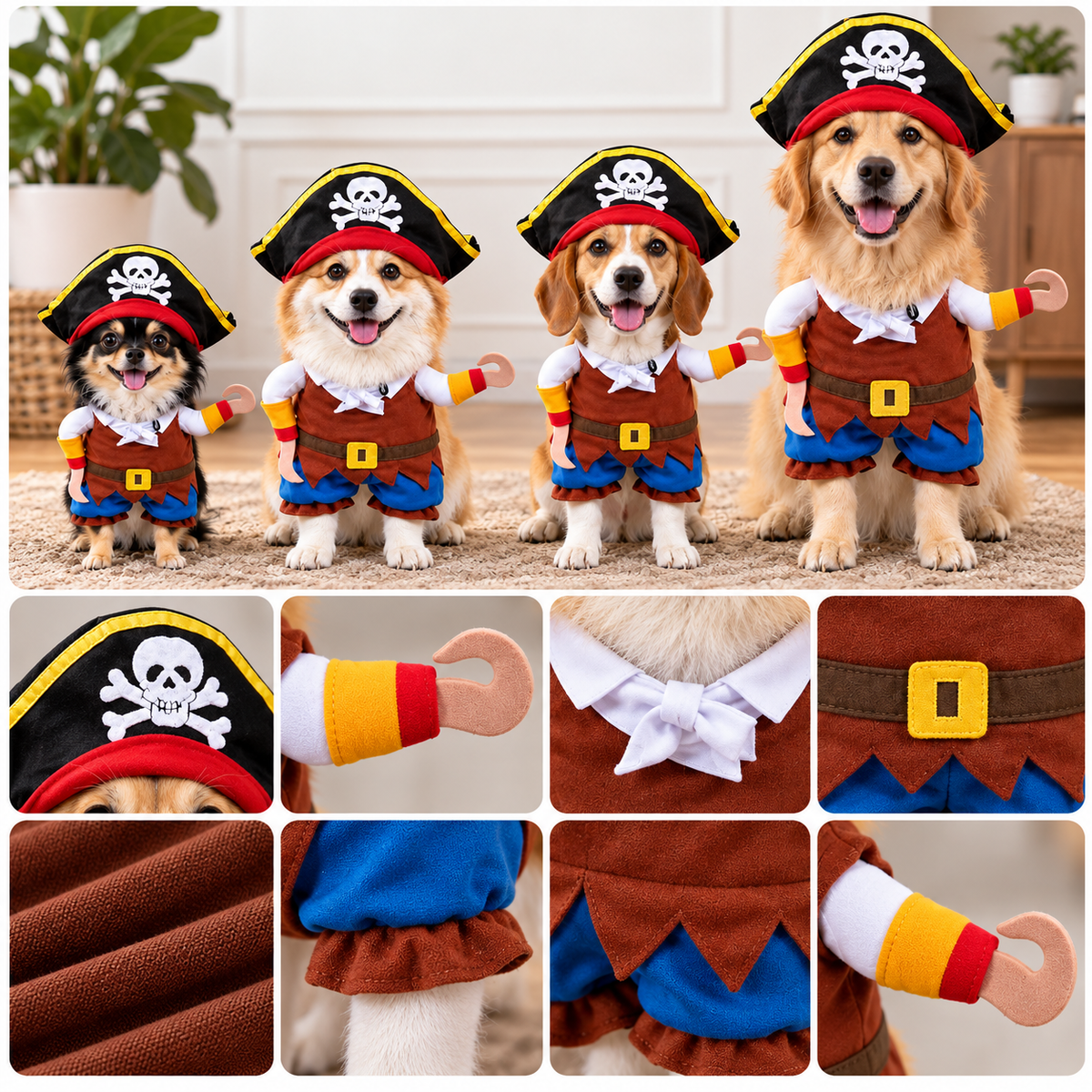 Pirate Dog Costume with 3D Hook Arms and Hat for Halloween - Multi-Color Polyester Outfit for Pets