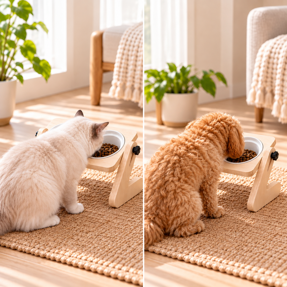 Adjustable Elevated Pet Feeder with Double Ceramic Bowls – Natural Wood Design for Cats and Small Dogs