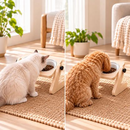 Adjustable Elevated Pet Feeder with Double Ceramic Bowls – Natural Wood Design for Cats and Small Dogs