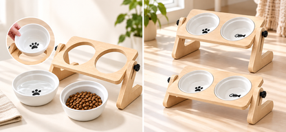 Adjustable Elevated Pet Feeder with Double Ceramic Bowls – Natural Wood Design for Cats and Small Dogs