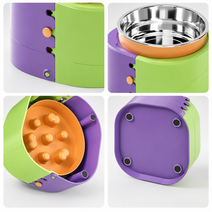 Adjustable Elevated Dog Feeder with Slow-Feeder Insert - Stainless Steel Bowl for Cats and Small Dogs - Compact Design