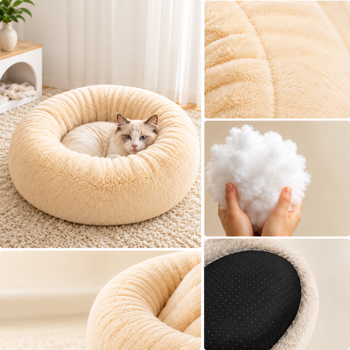 Plush Donut Dog Bed with Non-Slip Bottom – Cozy Round Design for Small Dogs and Cats – Soft PP Cotton Filling