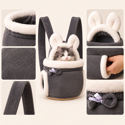 Soft Cat Carrier Backpack with Plush Interior and Bunny-Ear Hood for Cozy Travel – Winter-Themed Design