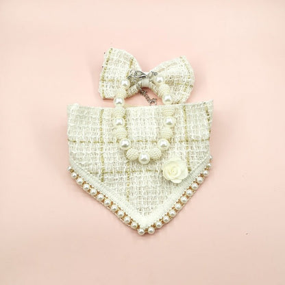 Chic Triangle Scarf Set for Small Pets – Stylish Tweed Scarf, Matching Hair Accessory & Pearl Necklace, Perfect Pet Accessories 4