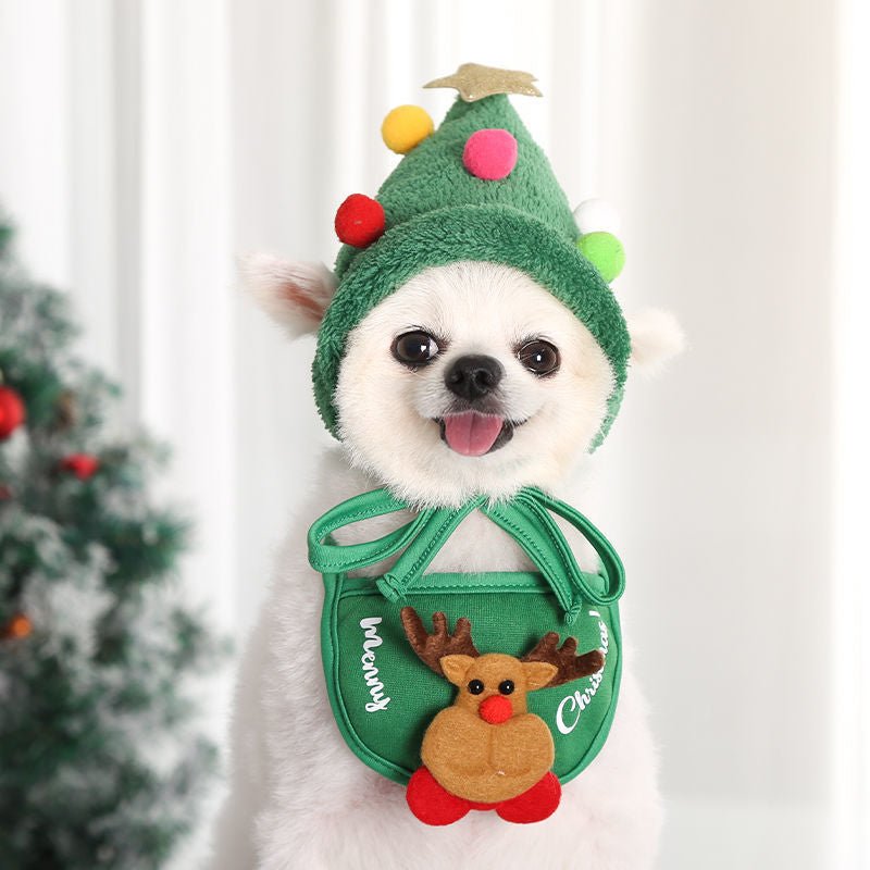 Christmas Dog Bathing Hat and Bib Set – Festive Red Santa or Green Christmas Tree Design, Adjustable Fit for Holiday Photos 9