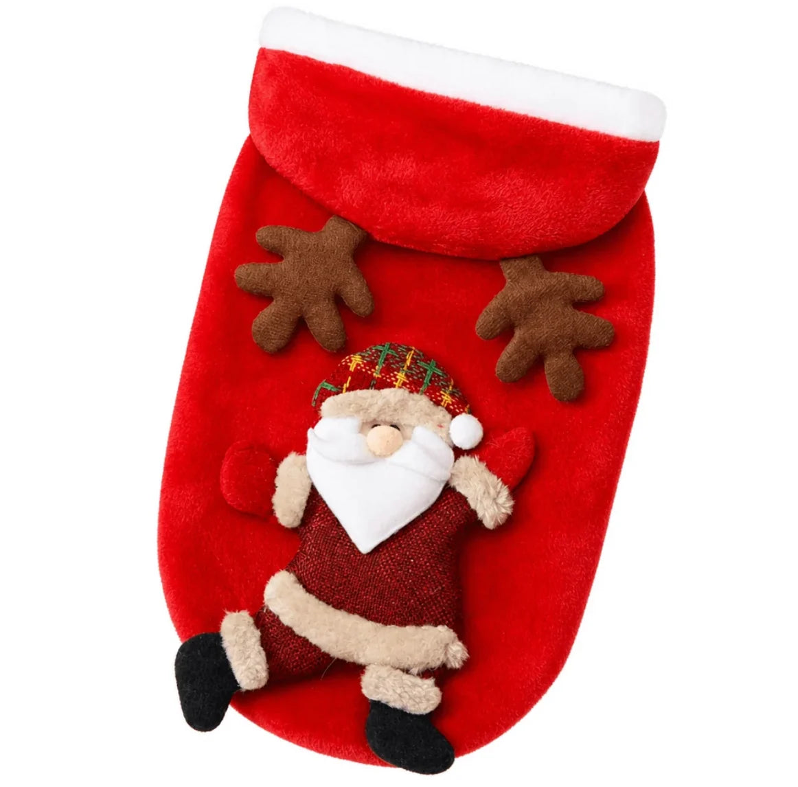 Christmas Pet Hoodie for Dogs and Cats made of soft plush fabric featuring festive designs of Santa, a snowman, and reindeer, perfect for holiday celebrations 0