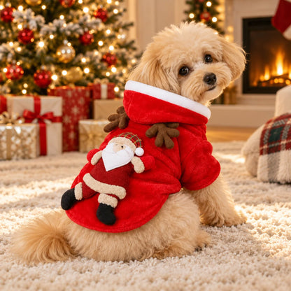 Christmas Pet Hoodie for Dogs and Cats made of soft plush fabric featuring festive designs of Santa, a snowman, and reindeer, perfect for holiday celebrations 1