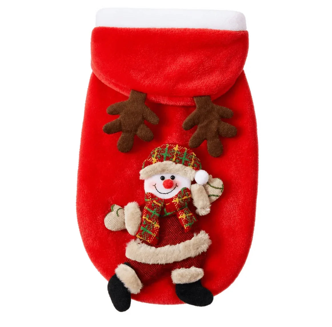 Christmas Pet Hoodie for Dogs and Cats made of soft plush fabric featuring festive designs of Santa, a snowman, and reindeer, perfect for holiday celebrations 11
