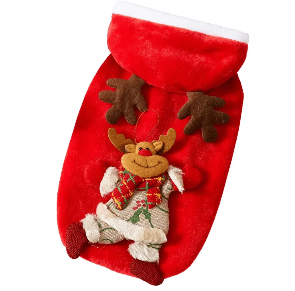Christmas Pet Hoodie for Dogs and Cats made of soft plush fabric featuring festive designs of Santa, a snowman, and reindeer, perfect for holiday celebrations 13