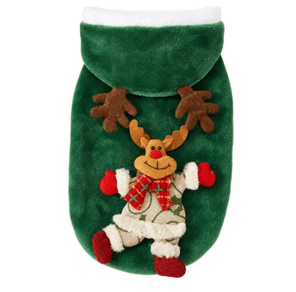 Christmas Pet Hoodie for Dogs and Cats made of soft plush fabric featuring festive designs of Santa, a snowman, and reindeer, perfect for holiday celebrations 14