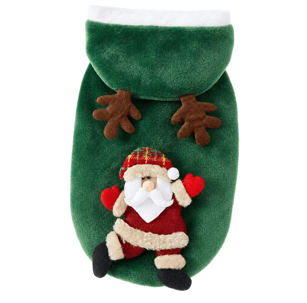 Christmas Pet Hoodie for Dogs and Cats made of soft plush fabric featuring festive designs of Santa, a snowman, and reindeer, perfect for holiday celebrations 7
