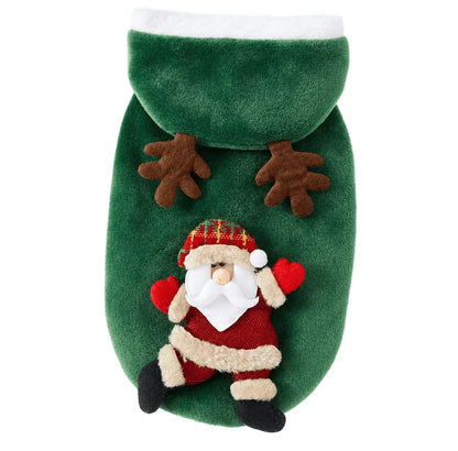 Christmas Pet Hoodie for Dogs and Cats made of soft plush fabric featuring festive designs of Santa, a snowman, and reindeer, perfect for holiday celebrations 7