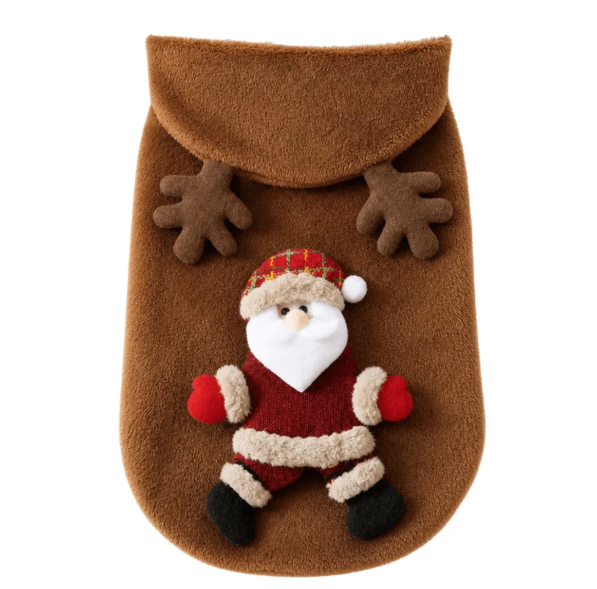 Christmas Pet Hoodie for Dogs and Cats made of soft plush fabric featuring festive designs of Santa, a snowman, and reindeer, perfect for holiday celebrations 8