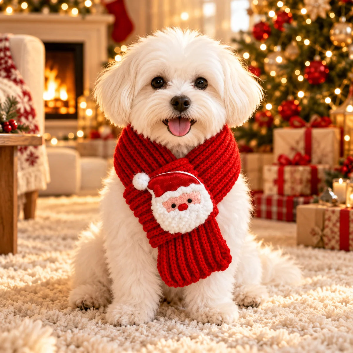 Cozy knitted red Christmas pet scarf featuring 3D Santa detail, perfect for adding festive holiday style to your furry friend. 0