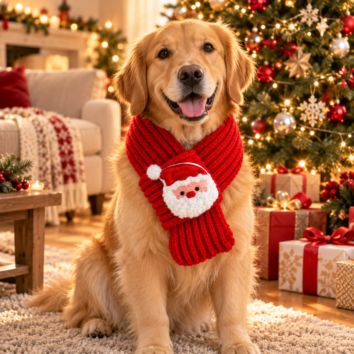 Cozy knitted red Christmas pet scarf featuring 3D Santa detail, perfect for adding festive holiday style to your furry friend. 2