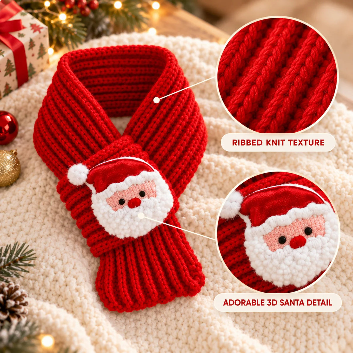 Cozy knitted red Christmas pet scarf featuring 3D Santa detail, perfect for adding festive holiday style to your furry friend. 4
