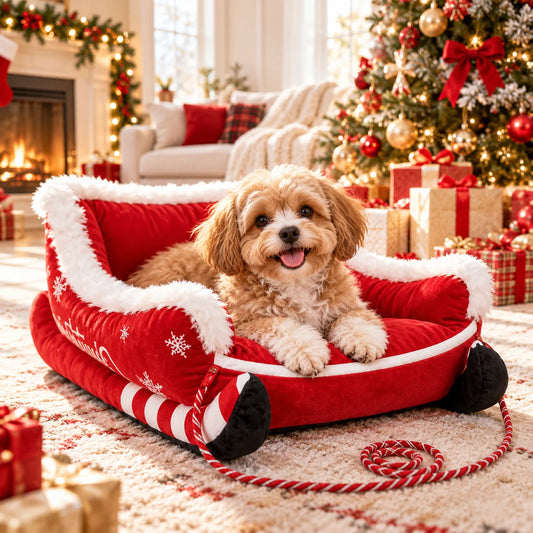 Christmas Sleigh Pet Bed featuring a plush red and white design, perfect for dogs and cats, with a washable cover for easy cleaning. 0