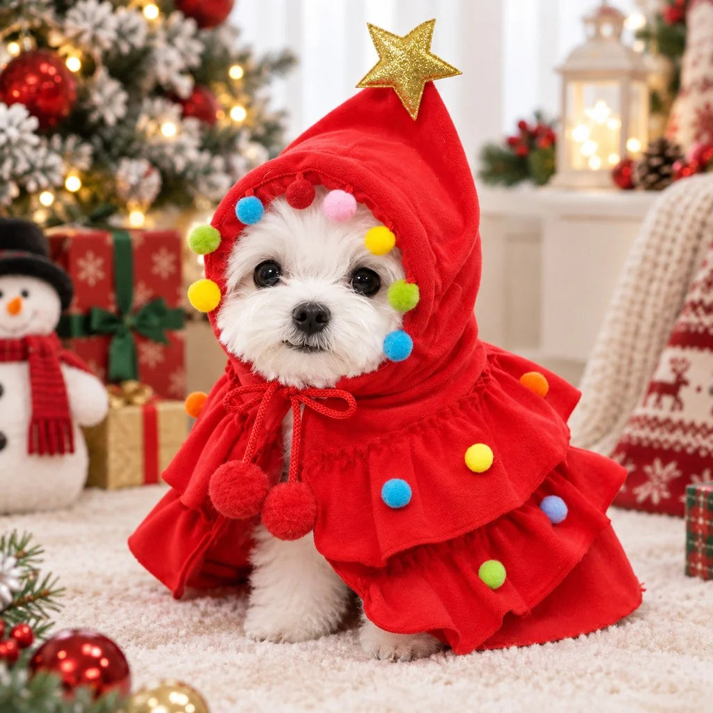Christmas Tree Pet Costume with Hood and Pom-Poms for small dogs and cats, featuring a festive design perfect for holiday celebrations. 0
