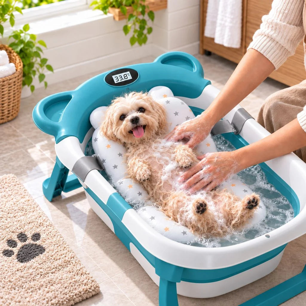 Collapsible dog bath tub with digital thermometer, designed for small dogs and puppies, featuring a portable and space-saving design for easy grooming at home or on 0