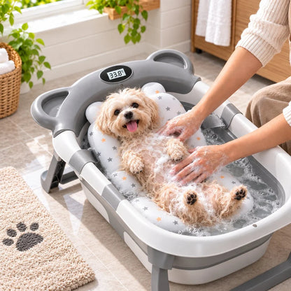 Collapsible dog bath tub with digital thermometer, designed for small dogs and puppies, featuring a portable and space-saving design for easy grooming at home or on 1