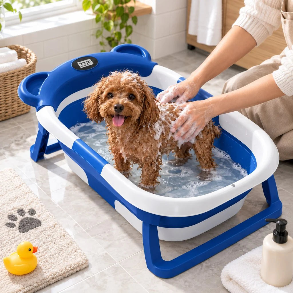 Collapsible dog bath tub with digital thermometer, designed for small dogs and puppies, featuring a portable and space-saving design for easy grooming at home or on 10