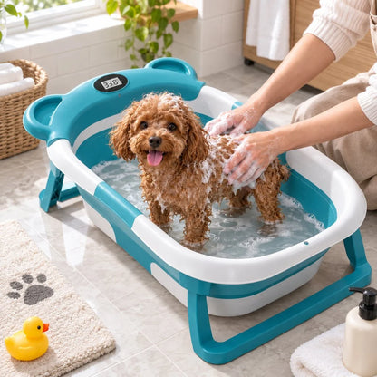 Collapsible dog bath tub with digital thermometer, designed for small dogs and puppies, featuring a portable and space-saving design for easy grooming at home or on 11